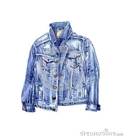 Blue boiled denim retro jacket with pockets, cowboy jeans wear, summer fashion collection, watercolor Cartoon Illustration