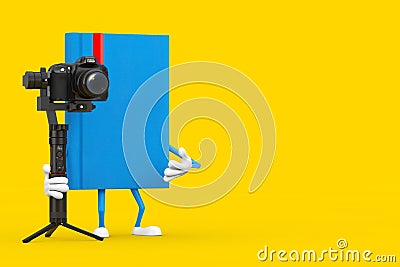 Blue Book Character Mascot with DSLR or Video Camera Gimbal Stabilization Tripod System. 3d Rendering Stock Photo