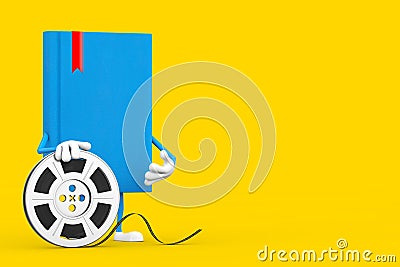 Blue Book Character Mascot with Film Reel Cinema Tape. 3d Rendering Stock Photo