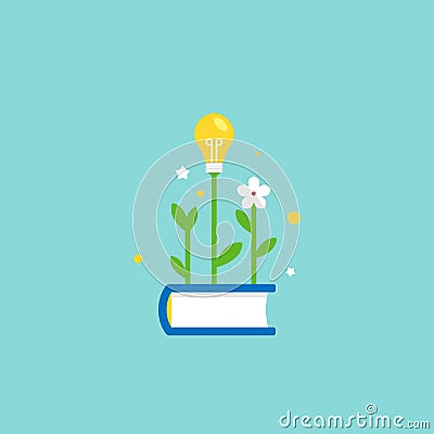 Blue book with green sprig or sprout, flower and bulb. Flat icon isolated on blue background Cartoon Illustration