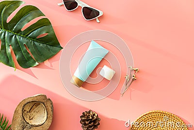 Blue bottle cream, mockup of beauty product brand. Top view on the pink background. Stock Photo