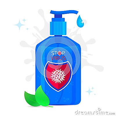 Blue bottle of hand sanitizer, sanitation for hygiene on a white background. Stop the virus. Vector Illustration
