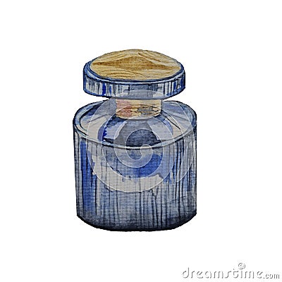 blue bottle of perfume or eau de toilette with gold lid watercolor sketch of relief Stock Photo