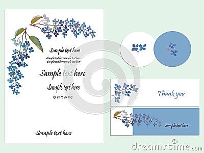 Blue bouquet flowers hand drawn watercolor painting wedding invitation set of card .Vector illustration Vector Illustration