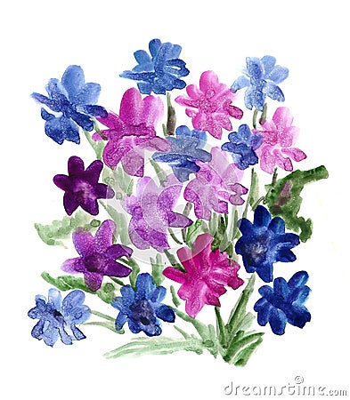 Blue bouquet of flowers painted in Watercolor Stock Photo