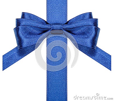 Blue bow with vertical cut ends on ribbon close up Stock Photo