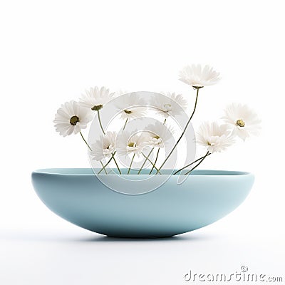 Blue Bowl Filled With Daisies: Ambient Occlusion, Zen Minimalism Stock Photo