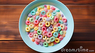 Blue bowl with fruit cereal rings with milk on a wooden background, top view banner Stock Photo