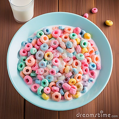 Blue bowl of fruit colored cereal rings on the background of table Stock Photo