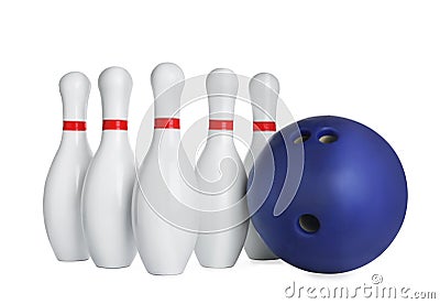 Blue bowling ball and pins isolated Stock Photo
