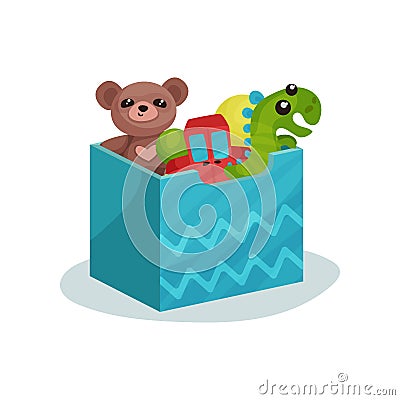 Blue box full of children toys. Brown teddy bear, green dinosaur, red car and rubber balls. Flat vector icon Vector Illustration