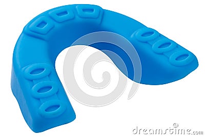 Blue boxing mouthguard, reverse side, on a white background, protection of teeth and lips Stock Photo