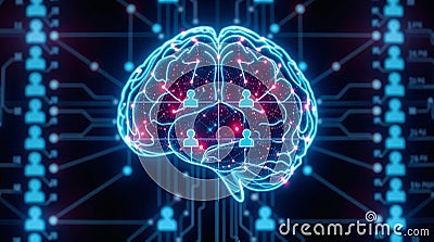Blue brain hologram interconnected with grid of social media profiles processing data as sorting searching algorithms Stock Photo