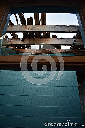 Blue Brick Walls in old abandoned building Stock Photo