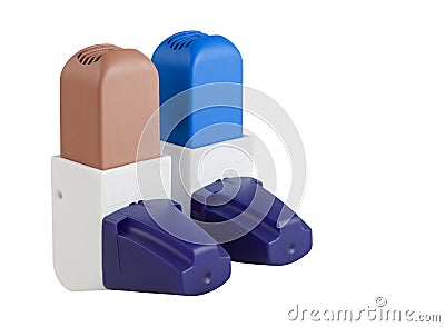 Blue and Brown Asthma Inhalers with caps Stock Photo
