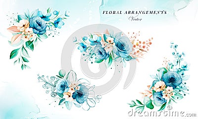 Blue and brown watercolor floral arrangements for wedding invitation card composition Vector Illustration