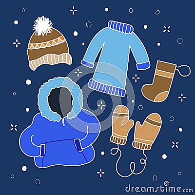 Blue and Brown Winter Clothing isolate on navy background. Vector Illustration