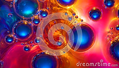 Blue bubbles and drops on crimson surface, abstract bright liquid colorful background Stock Photo