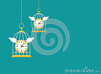 Blue business background with locked golden bird cage and golden clock with wings Vector Illustration