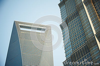 Blue business glass skyscraper closeup, office center. Shanghai, China. Stock Photo