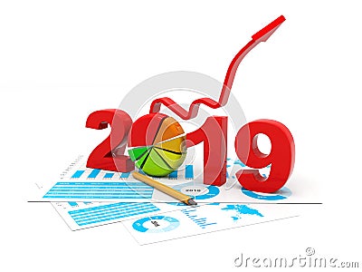 Blue business graph with arrow up and 2019 symbol, represents growth in the new year 2019, three-dimensional rendering, 3D render Cartoon Illustration