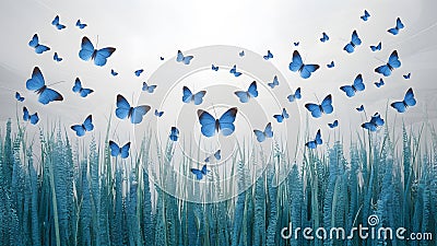 Blue butterflies flutter against a serene white background Stock Photo