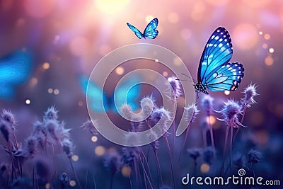 Blue Butterflies Flutter Over Wildflowers With Empty Space With Bokeh. Generative AI Stock Photo