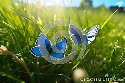 Blue butterflies in nature - Macro shot of polyommatus icarus on a sunny meadow, generative AI Stock Photo