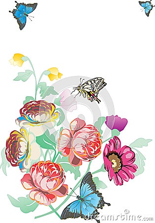 Blue butterflies and pink flowers on white Vector Illustration