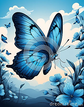 Blue butterfly flutters under a bright sky. Tshirt design. Ready to print Stock Photo