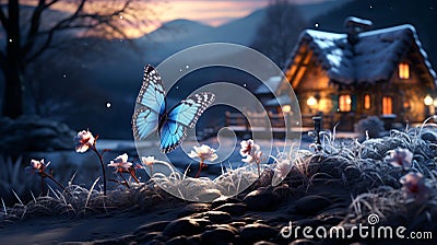 Blue butterfly and house in the snow christmas background Stock Photo