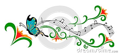 Blue butterfly and red flowers Vector Illustration