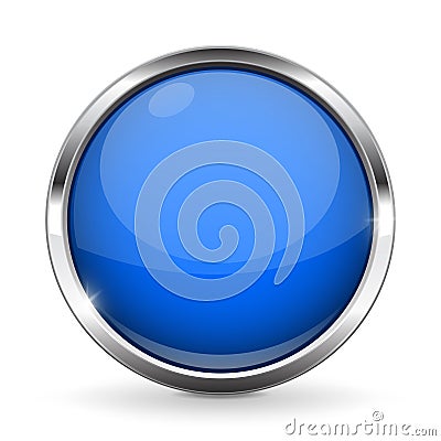 Blue button with chrome frame. Round glass shiny 3d icon Vector Illustration