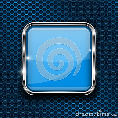 Blue button on perforated background. Square glass 3d icon with metal frame Vector Illustration