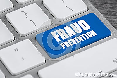 Blue button with phrase Fraud Prevention on computer keyboard, closeup Stock Photo