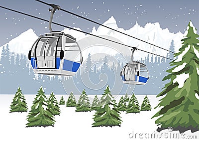 Blue cable car lift at ski resort in winter in front of majestic mountains Vector Illustration