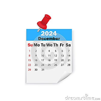 Blue calendar 2024 December on pin. Vector illustration. Vector Illustration