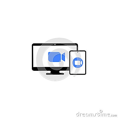 Blue camera icon. Conference video calls. Laptop, monitor and tablet icon on isolated background. Eps 10 vector Vector Illustration