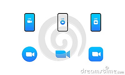 Blue camera icon set. Conference video calls. Live media streaming application. Zoom logo. Vector on isolated white background. Vector Illustration