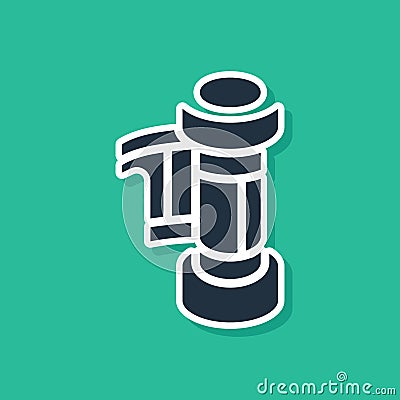 Blue Camera vintage film roll cartridge icon isolated on green background. 35mm film canister. Filmstrip photographer Vector Illustration