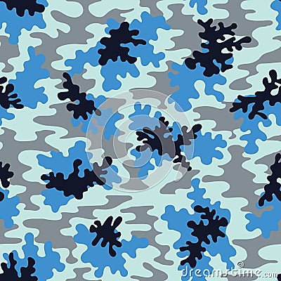 Blue Camo Vector Seamless Pattern. Fashion Marine Camouflage Background. Vector Illustration
