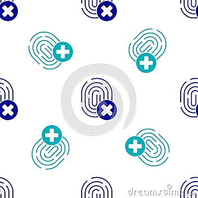 Blue Cancelled fingerprint icon isolated seamless pattern on white background. Access denied for user concept. Error Vector Illustration