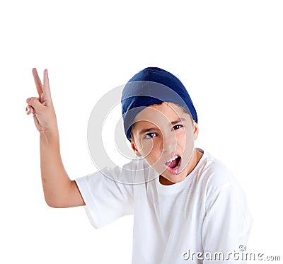 Blue cap kid boy with victory hand gesture Stock Photo