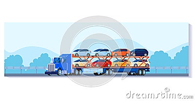 Blue car carrier truck transporting vehicles on highway. Auto transport service, car delivery by road vector Vector Illustration