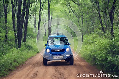 Blue Car on Dirt Road Between Green Leaf Trees generated by Ai Stock Photo