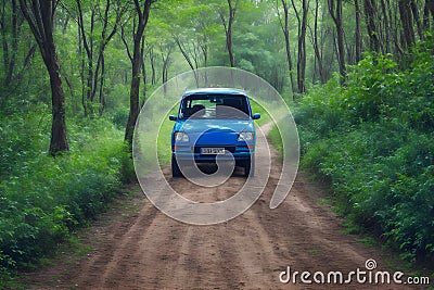Blue Car on Dirt Road Between Green Leaf Trees generated by Ai Stock Photo