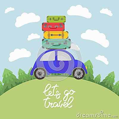 Blue car with luggage on the roof for long vacation road trip Vector Illustration