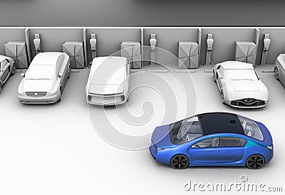 Blue car in parking lot. Other cars are clay shading model Stock Photo