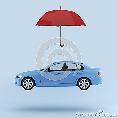 Blue car protected with red umbrella, automobile safety icon iso Stock Photo