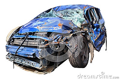 Blue car wreck that has suffered major damage. Stock Photo